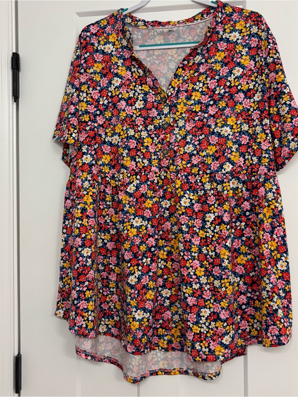 Amazon Women’s Floral Button-Front Tunic - Navy, Pink, Yellow, Red, White